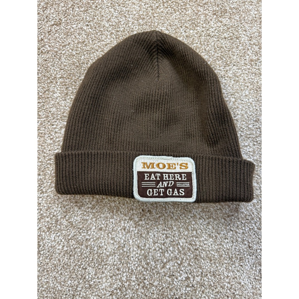 Mens Brown Moe's Eat Here and Get Gas Patch Cuffed Knit Beanie Hat Funny Cold
